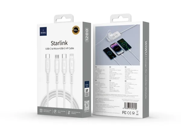 Кабель WIWU Starlink USB-C to Micro+USB-C+iP Cable (White)